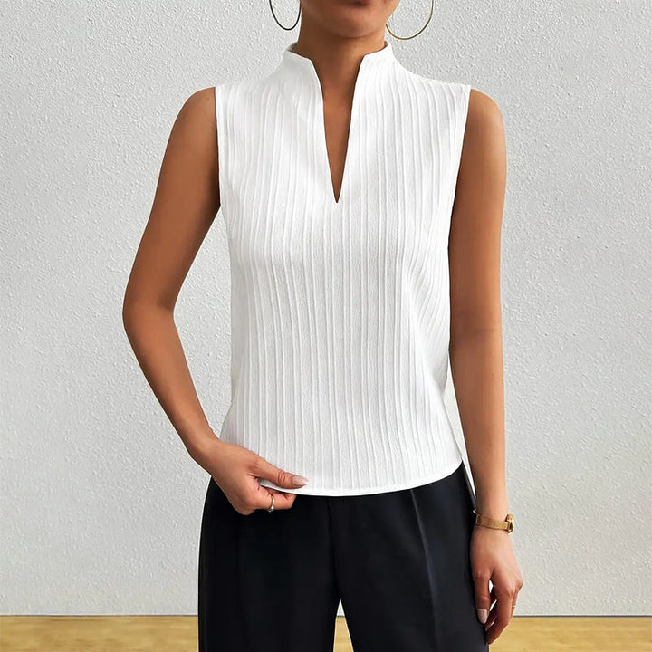 Clara Duval Sleeveless Striped V-Neck Blouse