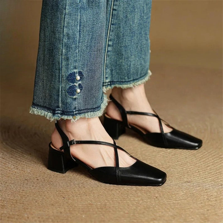 Clara Duval Slingback Leather Low-Block Heels