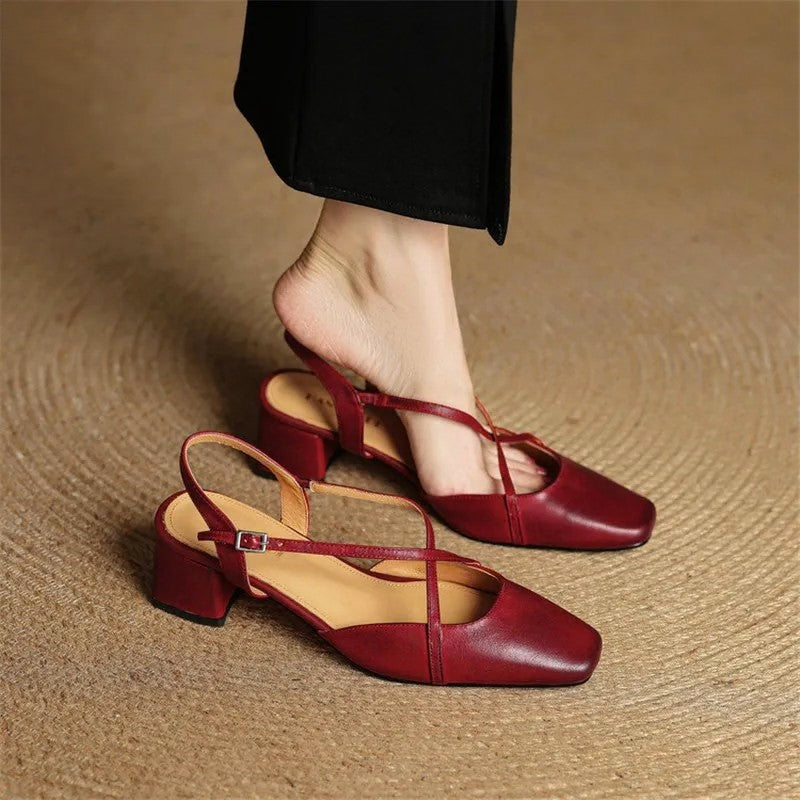 Clara Duval Slingback Leather Low-Block Heels