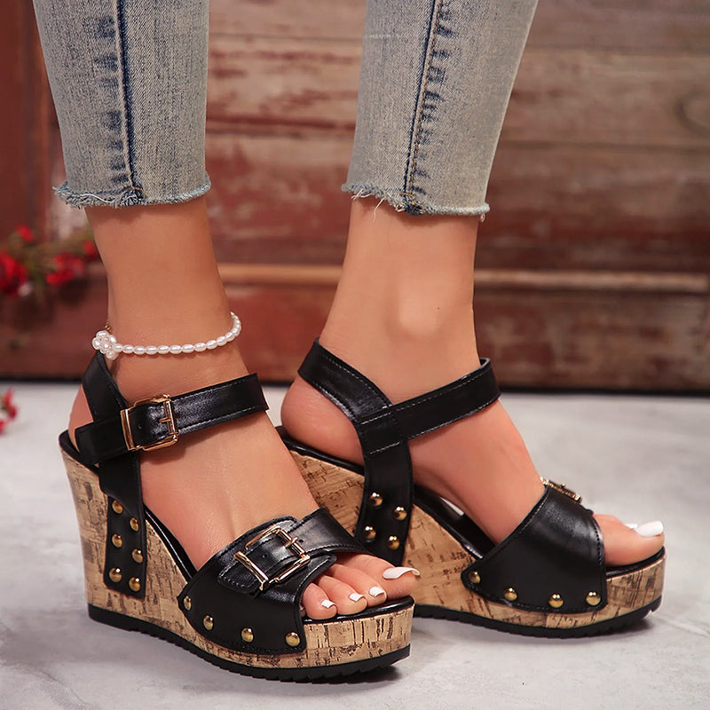 Clara Duval Studded Wedge Sandals with Buckle
