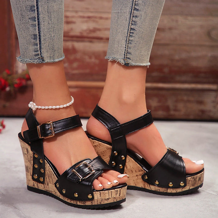 Clara Duval Studded Wedge Sandals with Buckle