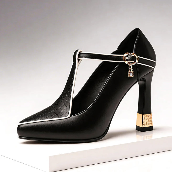 Clara Duval T-Strap Heels with Gold Detail