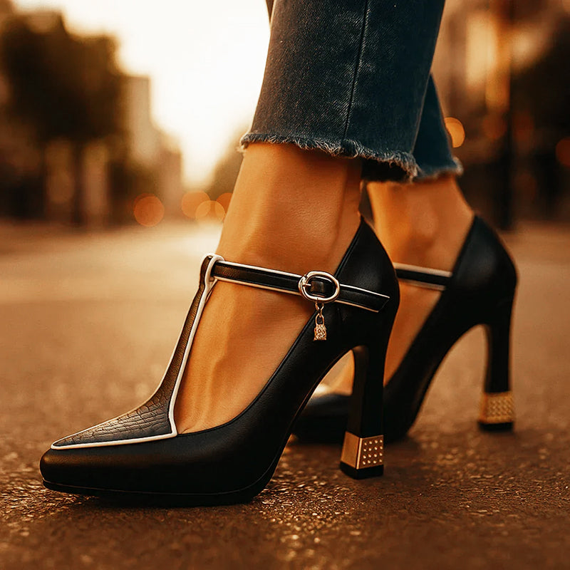 Clara Duval T-Strap Heels with Gold Detail