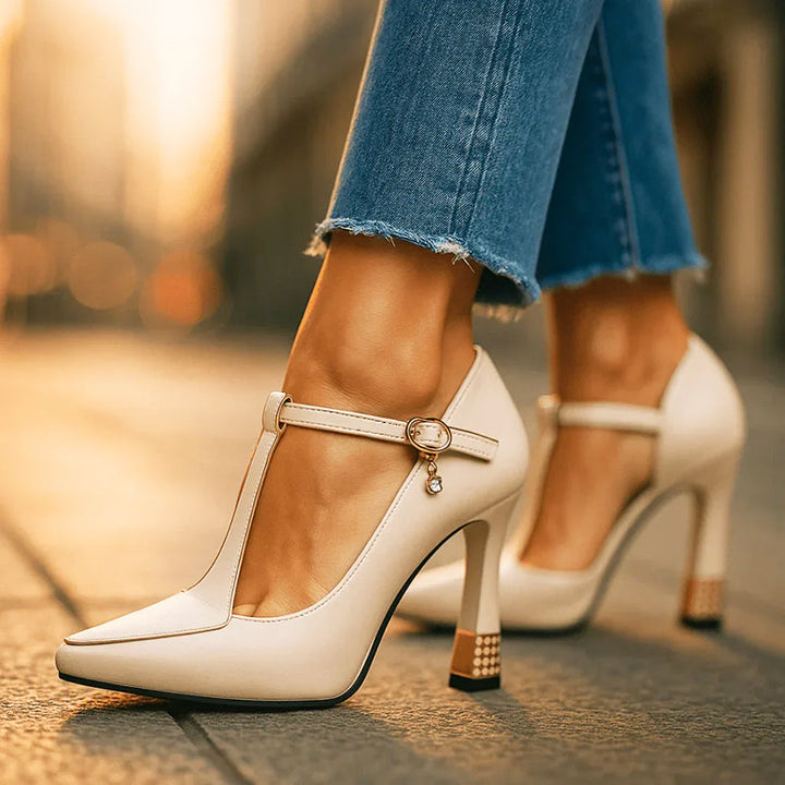 Clara Duval T-Strap Heels with Gold Detail