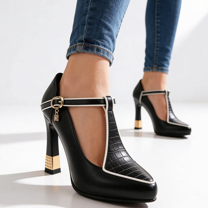 Clara Duval T-Strap Heels with Gold Detail