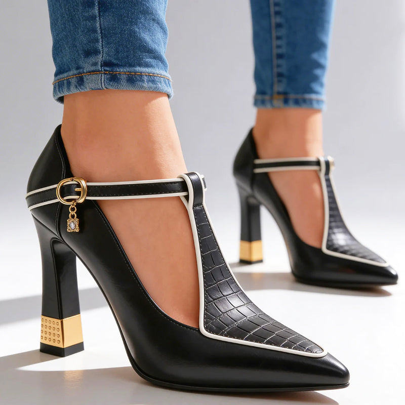 Clara Duval T-Strap Heels with Gold Detail