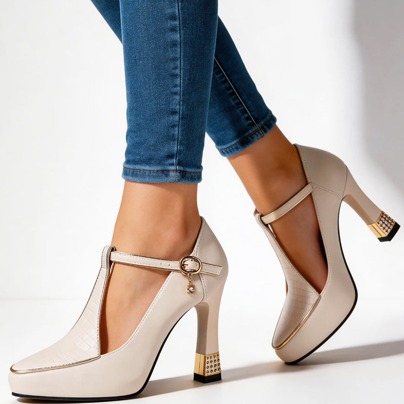 Clara Duval T-Strap Heels with Gold Detail
