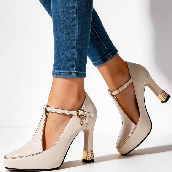 Clara Duval T-Strap Heels with Gold Detail
