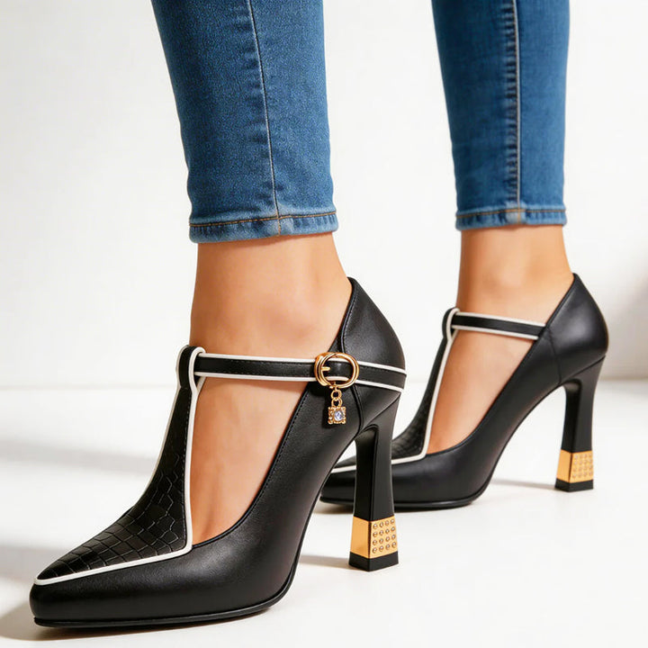 Clara Duval T-Strap Heels with Gold Detail
