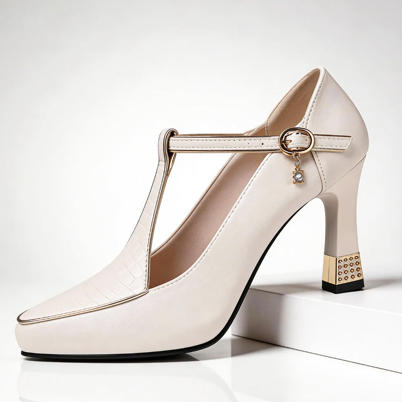 Clara Duval T-Strap Heels with Gold Detail