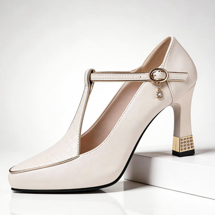 Clara Duval T-Strap Heels with Gold Detail