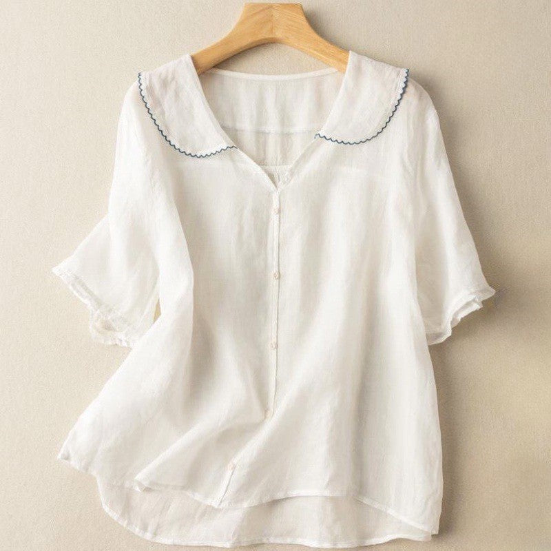 Clara Duval Textured Blouse with Scalloped Collar