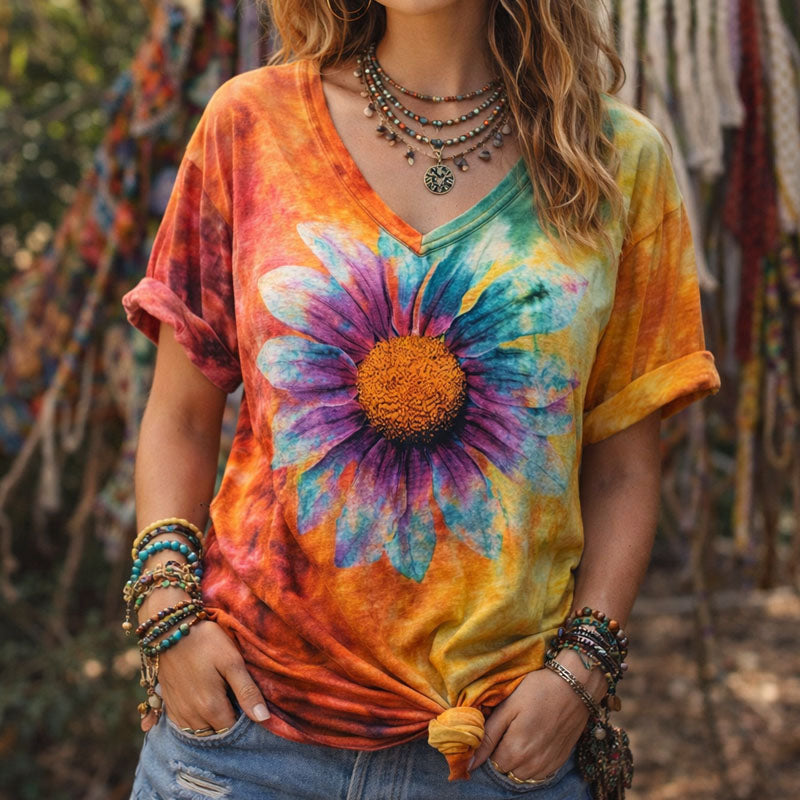 Clara Duval Tie-Dye T-Shirt with Floral Graphic