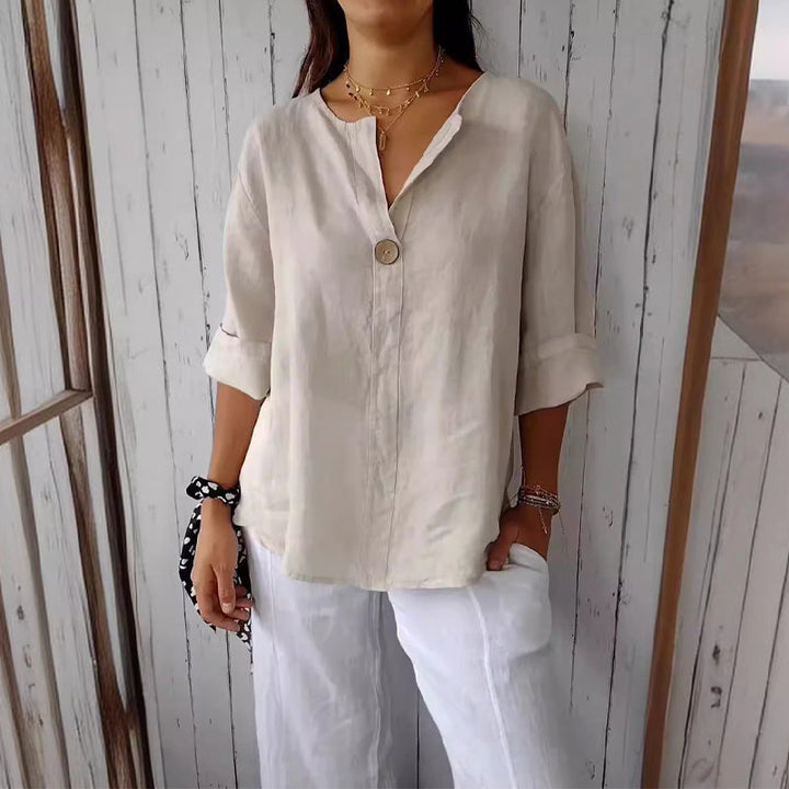 Clara Duval V-Neck Button-Up Blouse