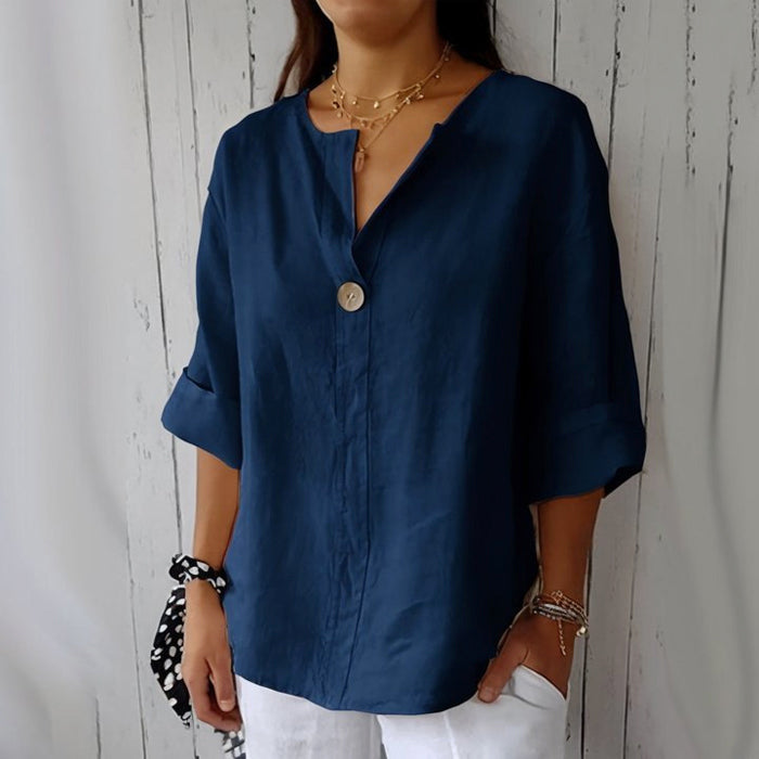 Clara Duval V-Neck Button-Up Blouse