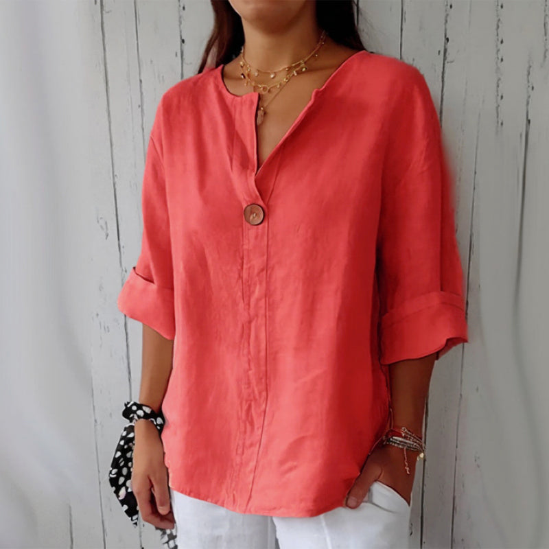 Clara Duval V-Neck Button-Up Blouse