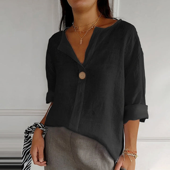 Clara Duval V-Neck Button-Up Blouse