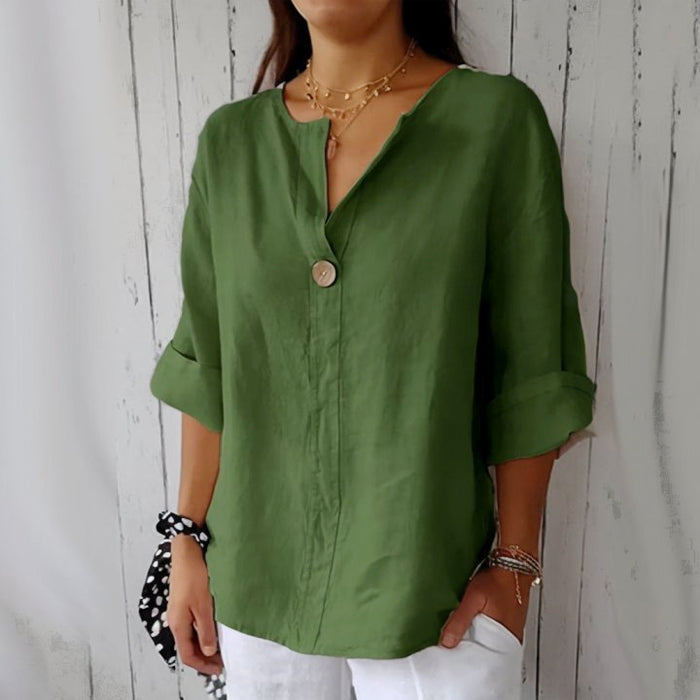 Clara Duval V-Neck Button-Up Blouse