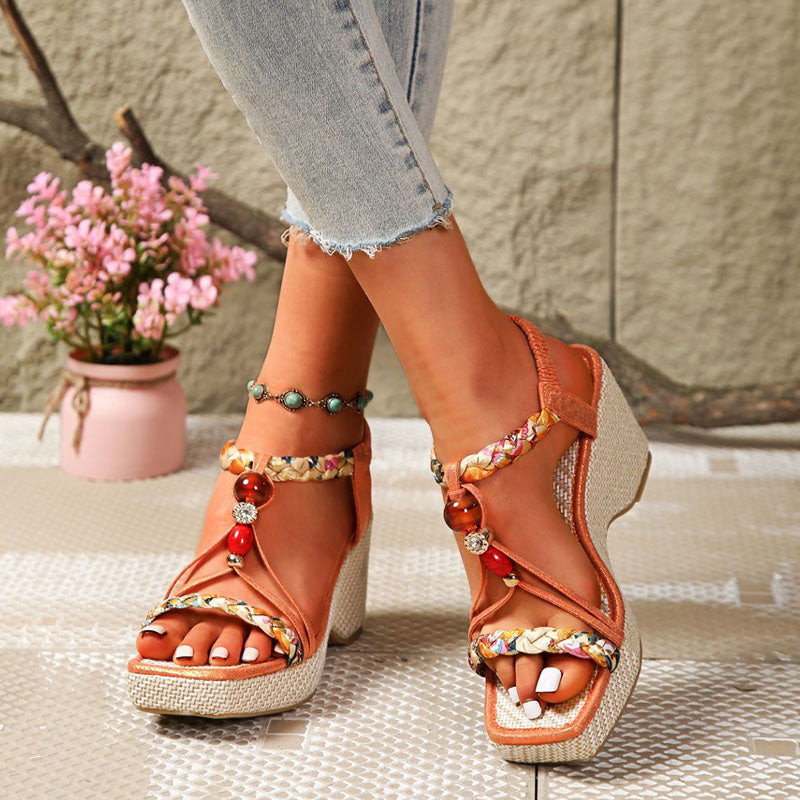 Clara Duval Wedge Sandals with Beaded Strap Detail