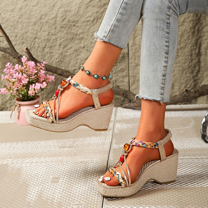 Clara Duval Wedge Sandals with Beaded Strap Detail
