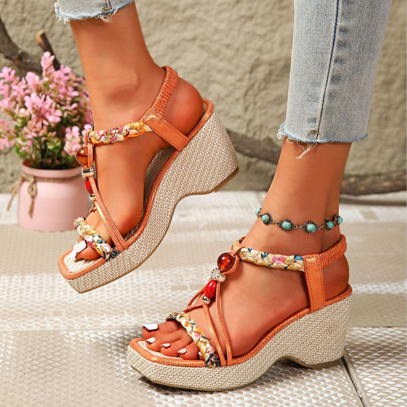 Clara Duval Wedge Sandals with Beaded Strap Detail
