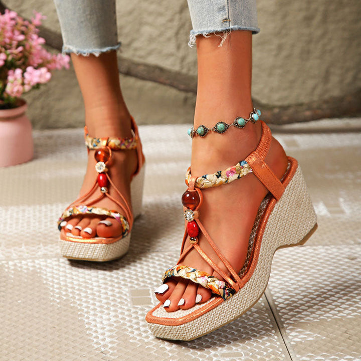 Clara Duval Wedge Sandals with Beaded Strap Detail