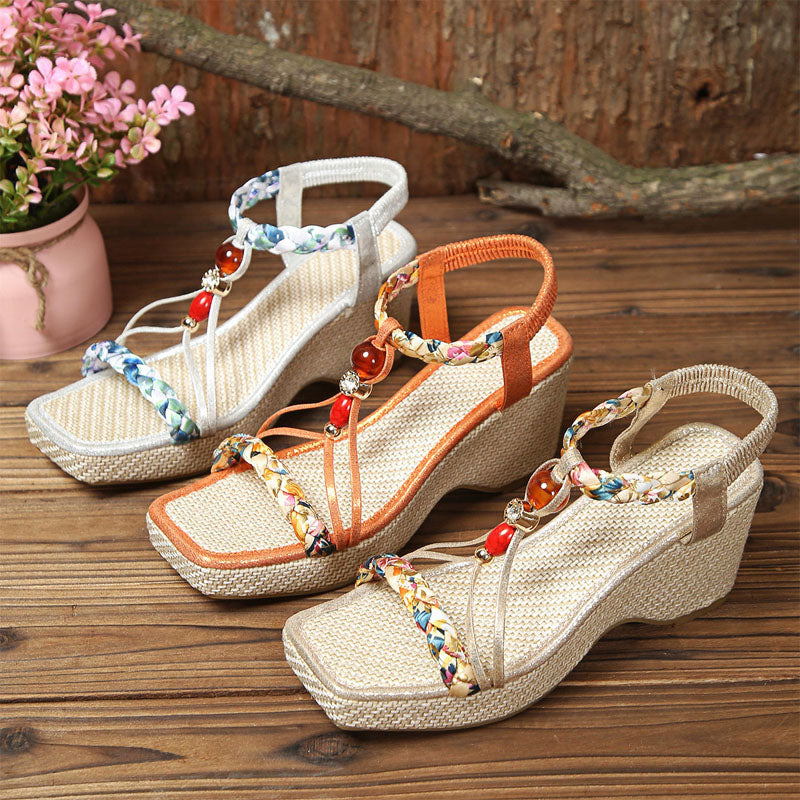 Clara Duval Wedge Sandals with Beaded Strap Detail