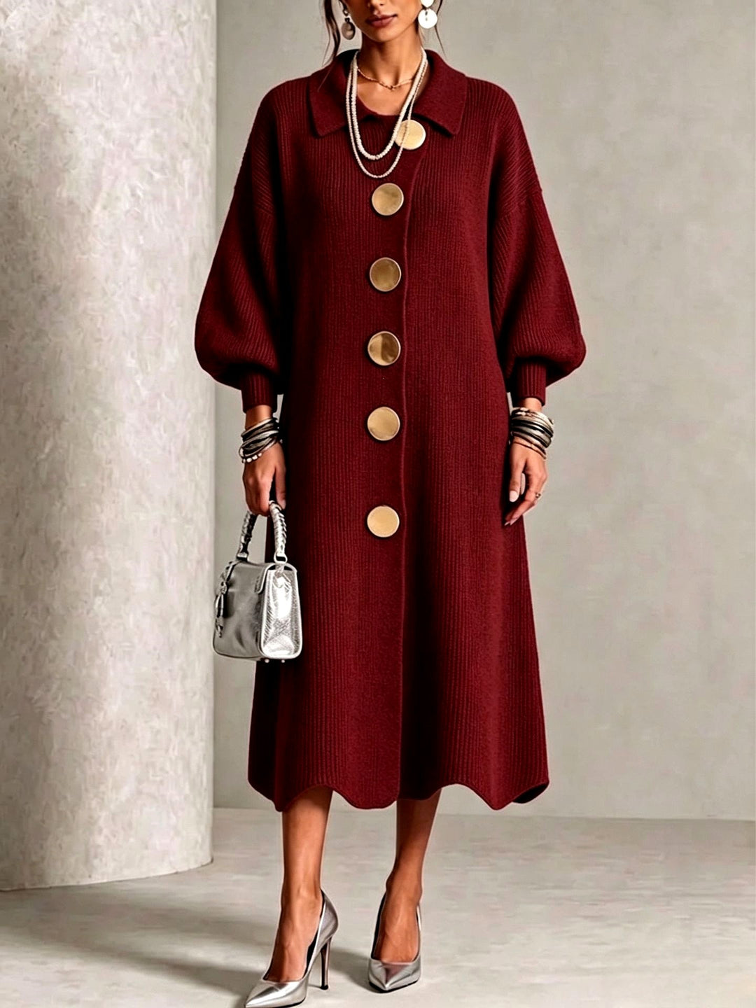 Clara - Women’s Ribbed Knit Button‑Front Balloon Sleeve Dress