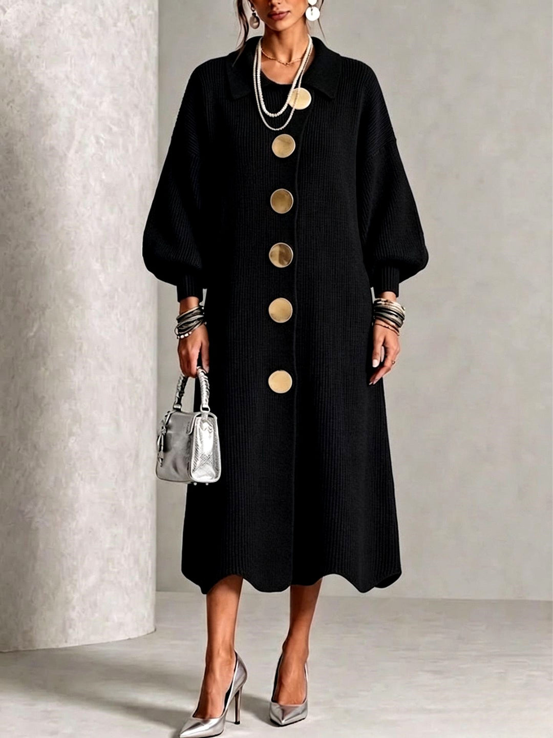 Clara - Women’s Ribbed Knit Button‑Front Balloon Sleeve Dress