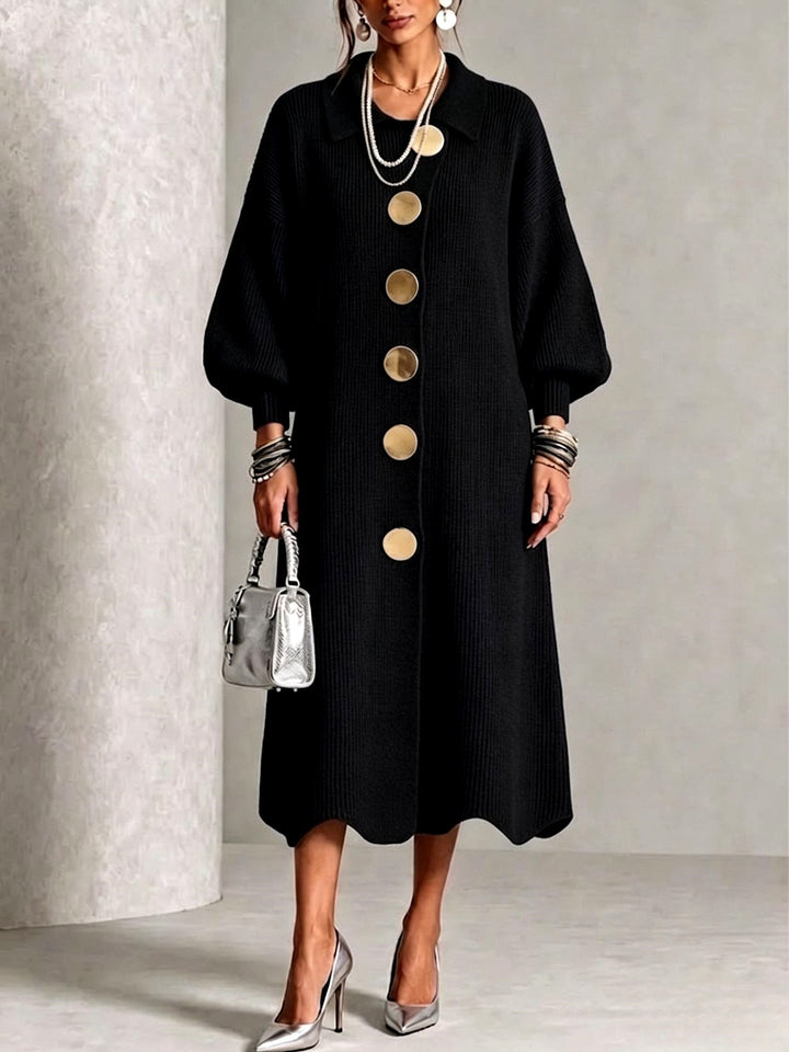 Clara - Women’s Ribbed Knit Button‑Front Balloon Sleeve Dress