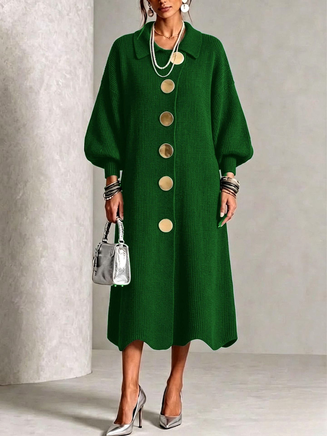 Clara - Women’s Ribbed Knit Button‑Front Balloon Sleeve Dress