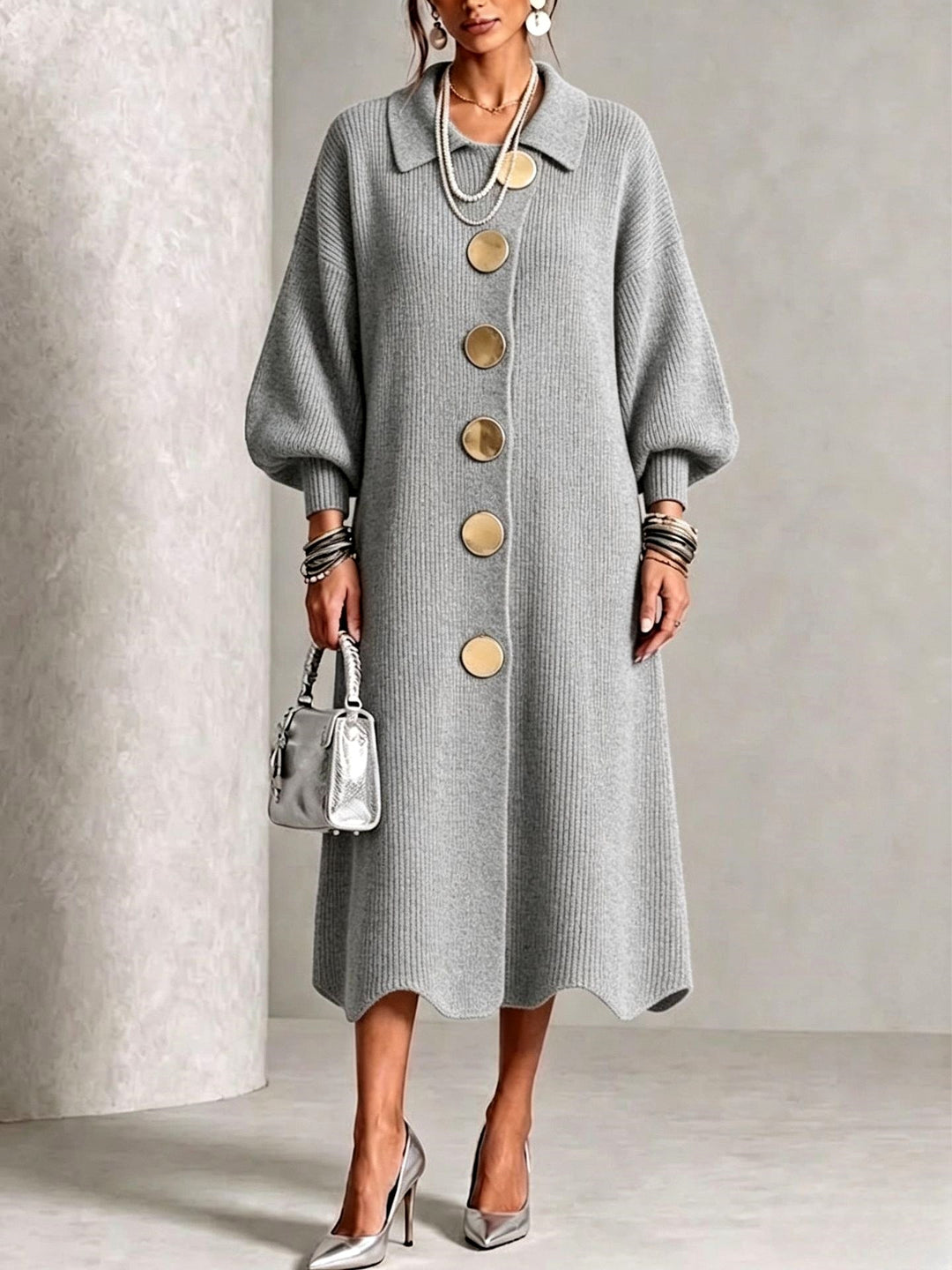 Clara - Women’s Ribbed Knit Button‑Front Balloon Sleeve Dress