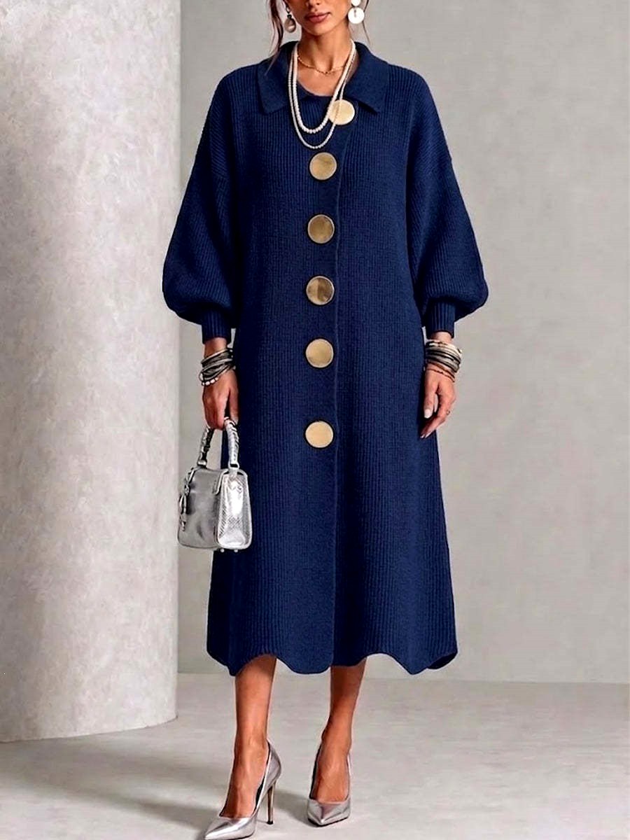 Clara - Women’s Ribbed Knit Button‑Front Balloon Sleeve Dress