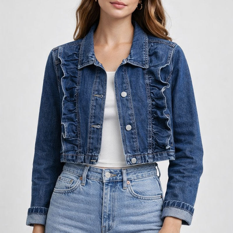 Clara Duval Denim Jacket with Ruffle Trim