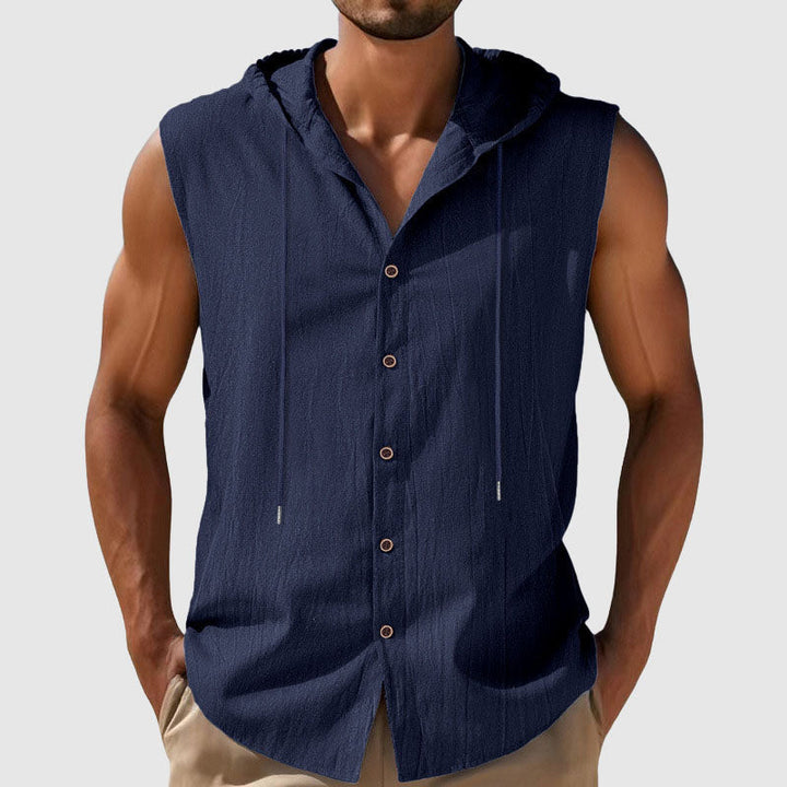 Cody - Men's Sleeveless Hooded Button-Up Linen Shirt