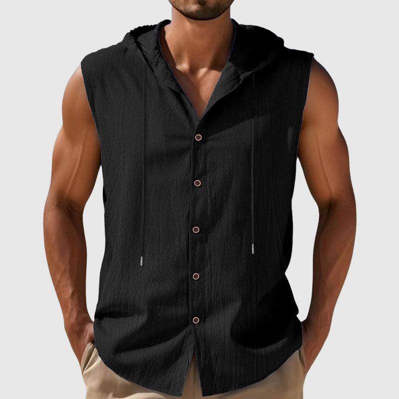 Cody - Men's Sleeveless Hooded Button-Up Linen Shirt