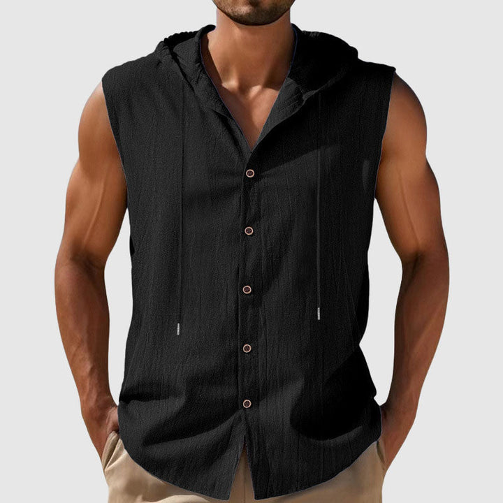Cody - Men's Sleeveless Hooded Button-Up Linen Shirt