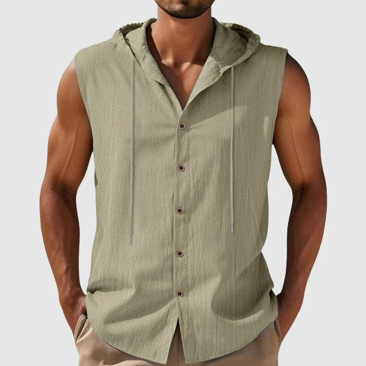 Cody - Men's Sleeveless Hooded Button-Up Linen Shirt