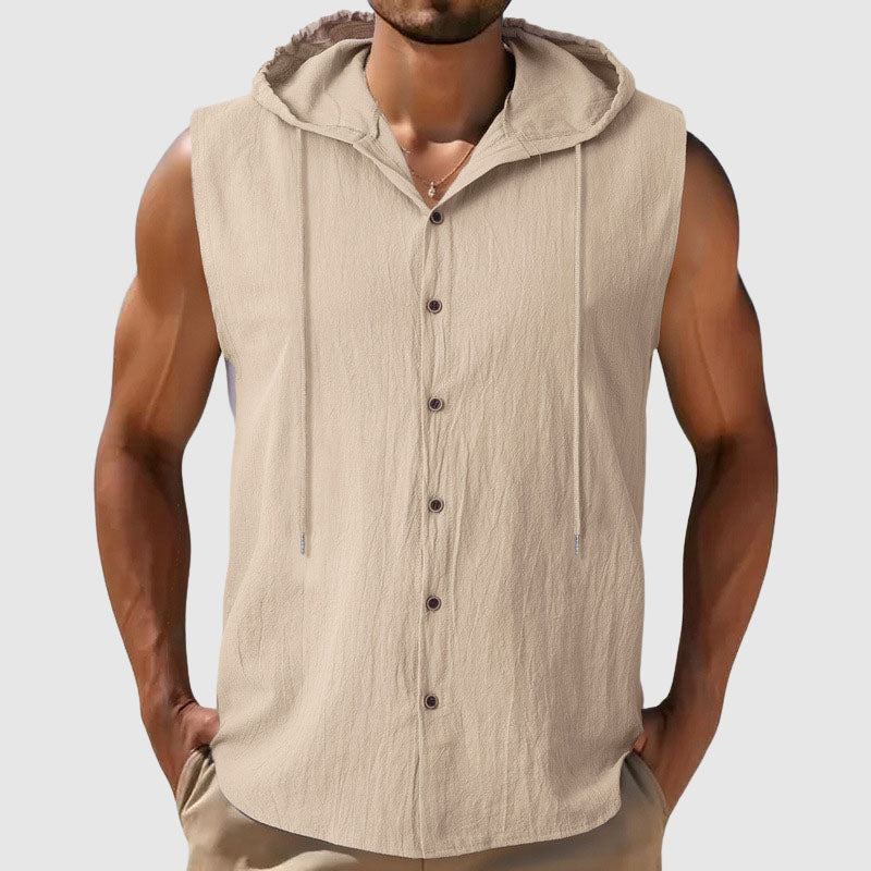 Cody - Men's Sleeveless Hooded Button-Up Linen Shirt