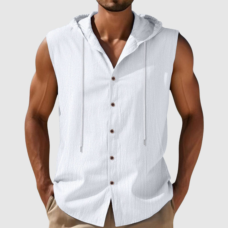 Cody - Men's Sleeveless Hooded Button-Up Linen Shirt