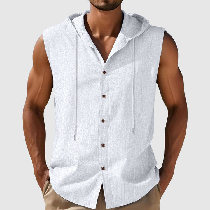Cody - Men's Sleeveless Hooded Button-Up Linen Shirt