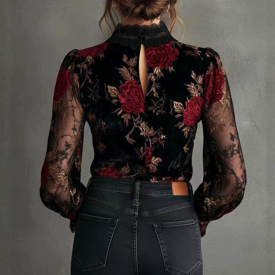 Colette - Women's Floral Velvet Sheer Cuff V-Neck Blouse