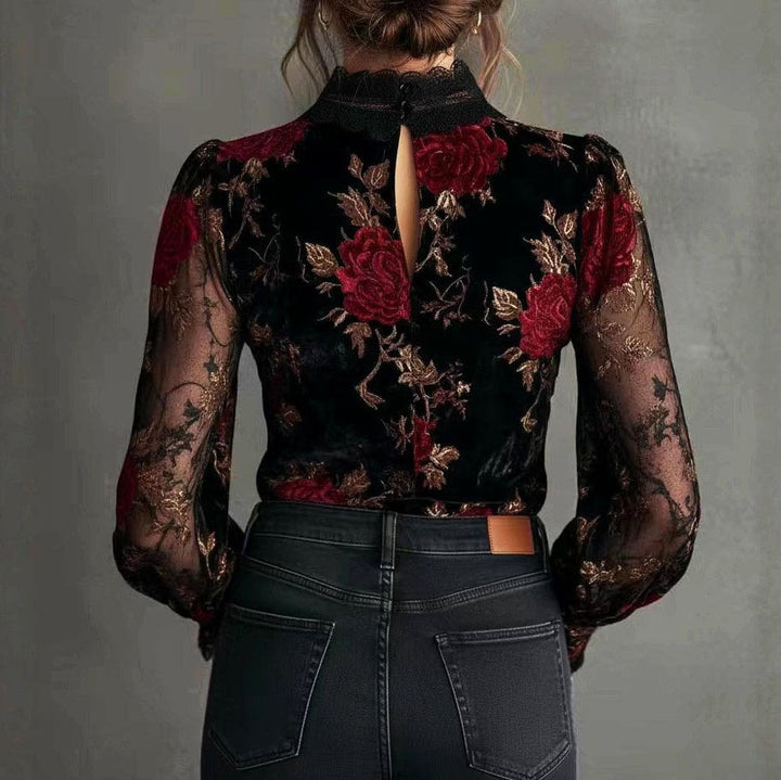 Colette - Women's Floral Velvet Sheer Cuff V-Neck Blouse