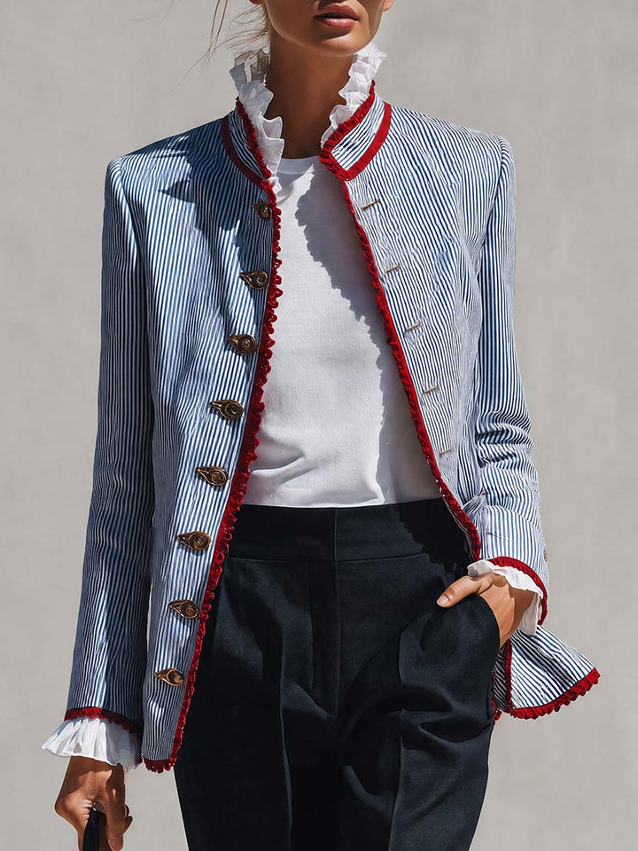 Cordula - Women's Striped Single-Breasted Jacket with Ruffled Stand Collar
