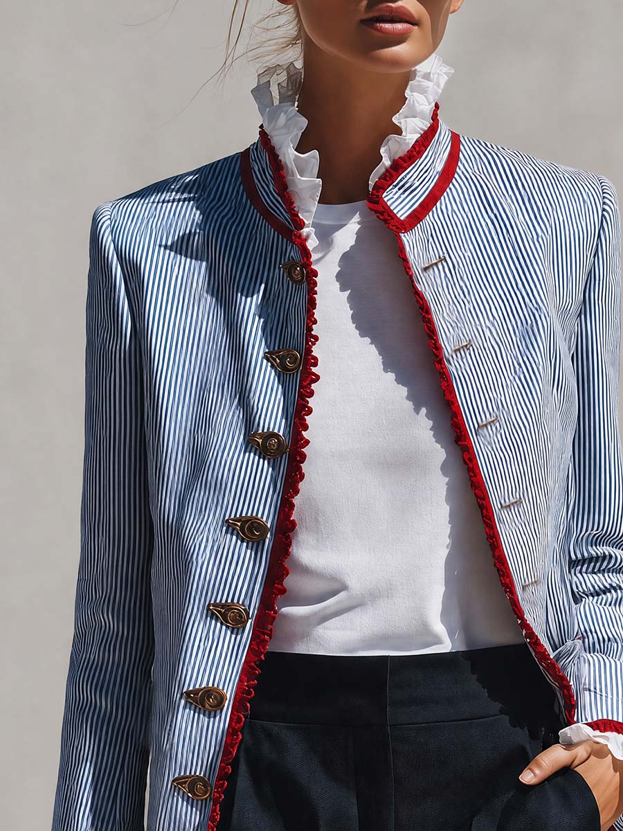 Cordula - Women's Striped Single-Breasted Jacket with Ruffled Stand Collar