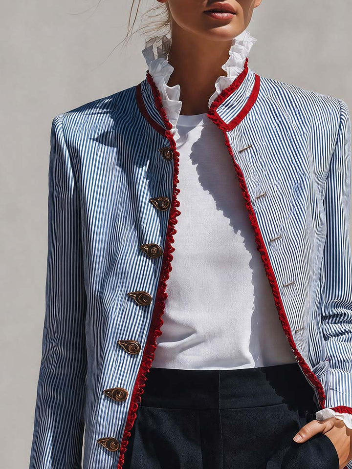 Cordula - Women's Striped Single-Breasted Jacket with Ruffled Stand Collar