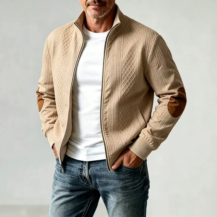 Damian - Men's Stand Collar Textured Zip Jacket with Patch Detail