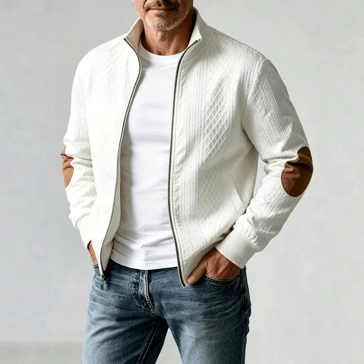 Damian - Men's Stand Collar Textured Zip Jacket with Patch Detail
