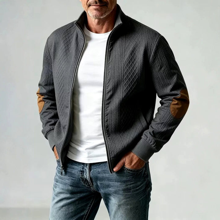 Damian - Men's Stand Collar Textured Zip Jacket with Patch Detail