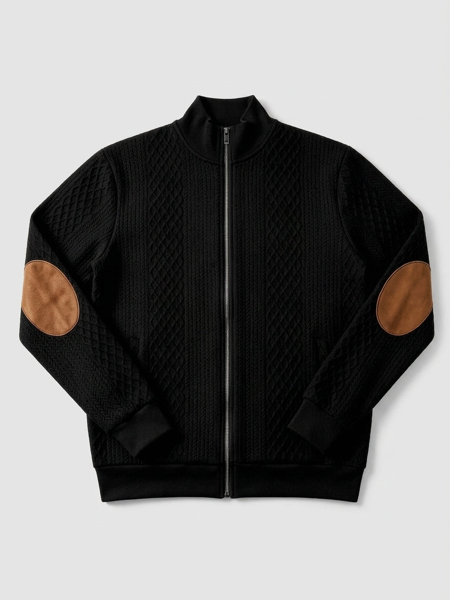 Damian - Men's Stand Collar Textured Zip Jacket with Patch Detail
